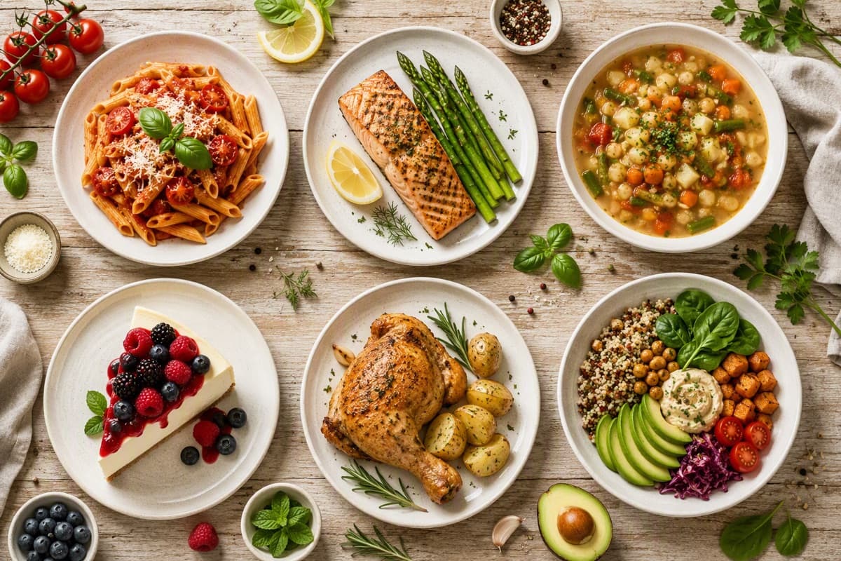 Sechs Gerichte auf einem Holztisch: Pasta, Lachs, Suppe, Käsekuchen, Hähnchen und eine Gemüse-Bowl