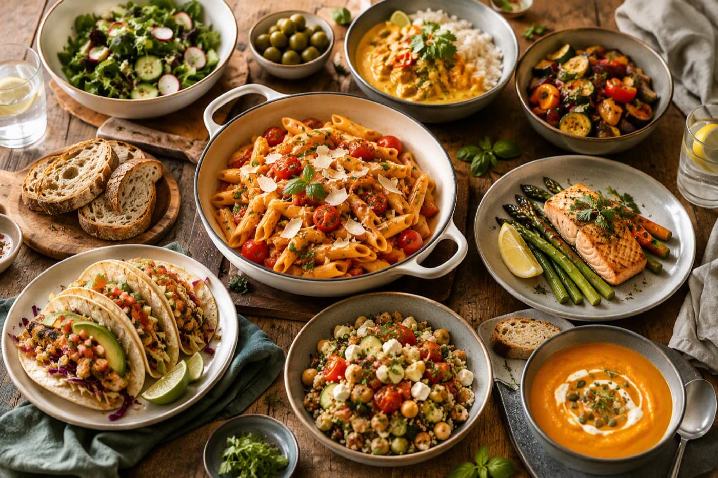 Gedeckter Tisch mit Pasta, Tacos, Lachs, Suppe und Salat