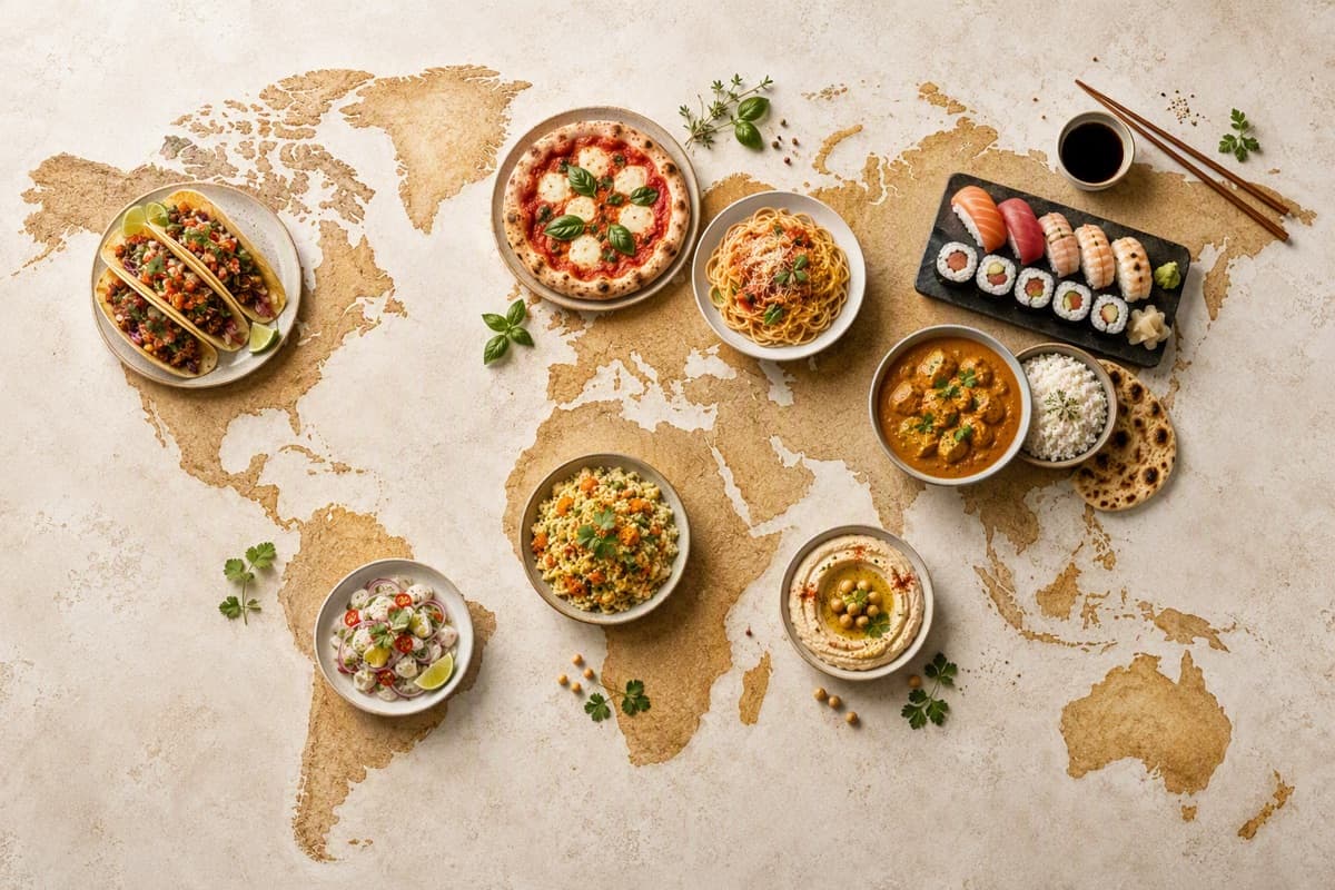 Weltkarte mit Gerichten aus verschiedenen Ländern: Tacos, Pizza, Pasta, Sushi, Curry und Hummus